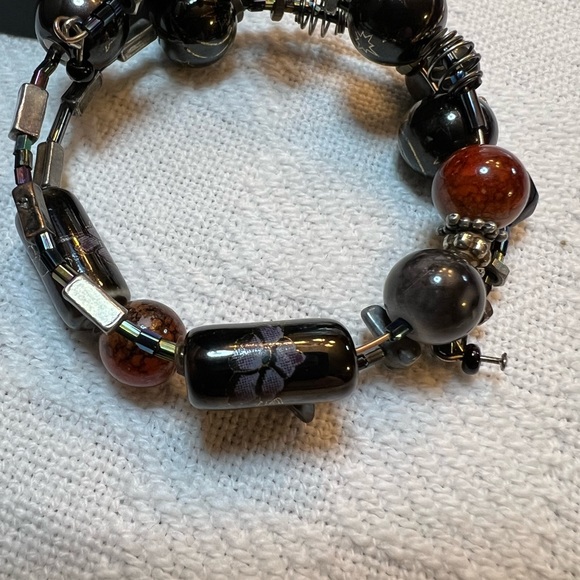 Black Agate Stretch ~Artisan Spring Wrap Bracelet with Metal Charm Accents - Picture 4 of 6